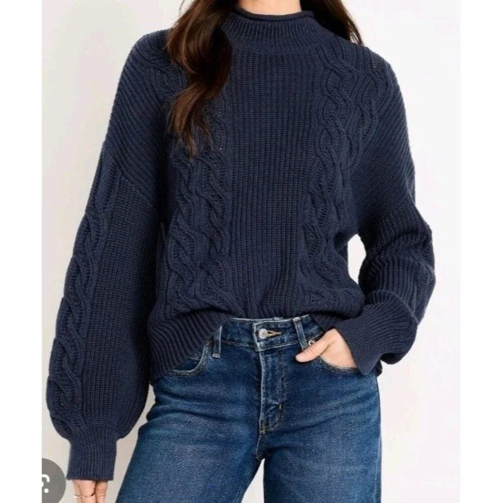 NWT Women's Old Navy Seaside Cotton Roll Neck Cable Knit Sweater Size L N7 Navy